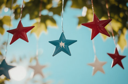 Bright red and blue stars are strung on a line, catching the sunlight as they dangle amongst green leaves, creating a festive and cheerful atmosphere on a sunny day.の素材