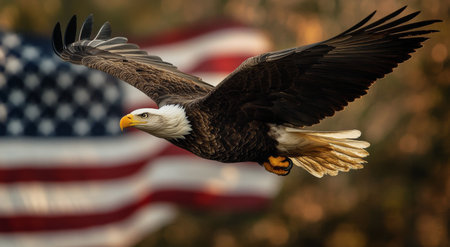 A bald eagle glides gracefully through the sky, its wings outstretched. In the background, a faded American flag adds a patriotic touch to the serene evening atmosphere.の素材