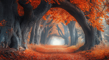 This peaceful pathway is surrounded by majestic trees adorned with rich orange and red leaves, creating a warm atmosphere. The soft light at the end of the path suggests a tranquil journey.の素材