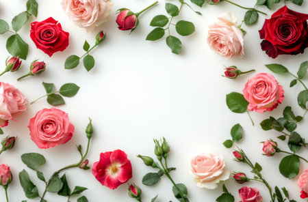 Delicate roses and rosebuds in shades of red, pink, and cream are arranged harmoniously on a light background, showing their natural beauty and enhancing the aesthetics.の素材