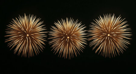 Three golden striking starburst decorations are arranged in a row against a dark background, adding a touch of elegance and artistry to any space. Their unique shapes enhance the decor.の素材