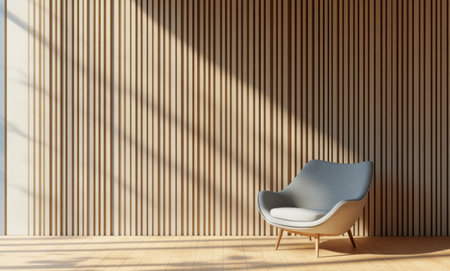 A serene seating area features a stylish chair and a decorative plant, bathed in soft sunlight filtering through the windowの素材