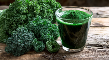 A refreshing green smoothie sits in a glass next to fresh kale and spirulina spirals on a rustic wooden table, showing healthy ingredients for nutrition.の素材