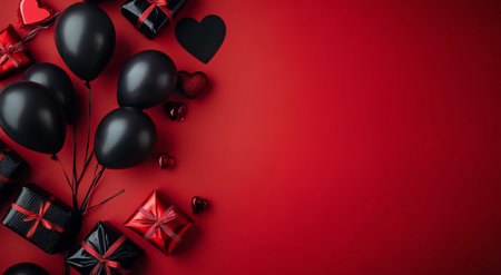 A collection of black balloons and various wrapped red and black gifts set against a vibrant red backdrop, creating a festive mood suitable for a special occasion or celebration.の素材