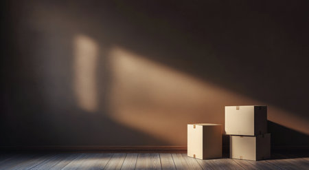 Cardboard boxes are neatly stacked in a softly lit room, showcasing warm hues and a touch of greenery. Sunlight casts gentle shadows, creating a serene atmosphere in the space.の素材
