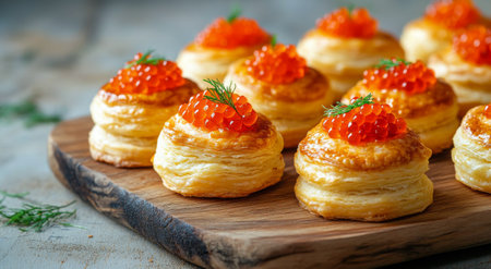 Freshly baked puff pastries are elegantly adorned with bright orange caviar, arranged on a wooden serving board, showcasing a delightful culinary presentation perfect for any gathering.の素材