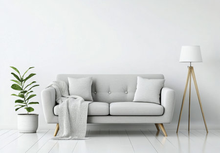 A gray sofa with a cozy blanket draped over it sits in a minimalist living room. A sleek floor lamp illuminates the space, accompanied by a potted plant, creating a warm atmosphere.の素材