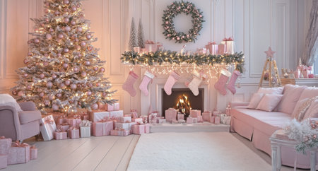 A beautifully decorated living room with two features pink Christmas trees, a cozy fireplace adorned with stockings, and a pile of gifts beneath. The festive atmosphere exudes warmth and cheer.の素材