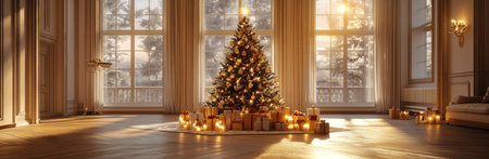 A warm and inviting living room features a large Christmas tree adorned with lights and ornamentsの素材