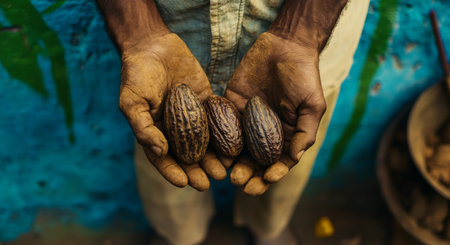 A farmer stands outside, cradling two distinct cocoa pods in their hands, highlighting the rich texture and colors. The background features bright blue and green hues, indicating a lively environment.の素材