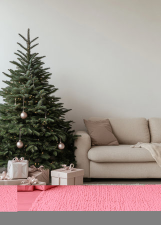 A beautifully decorated Christmas tree stands next to a comfortable beige sofa, with pastel-colored gift boxes neatly arranged underneath. This setting creates a warm holiday atmosphere.の素材