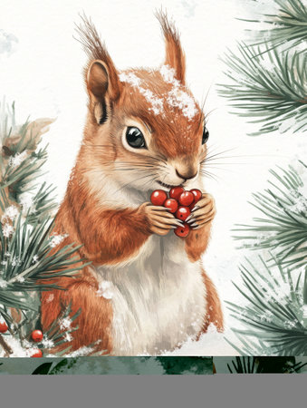 A small squirrel sits on a snowy ground, clutching bright red berries in its paws while surrounded by snowy pine branches, capturing the essence of a tranquil winter landscape.の素材
