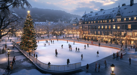 Families and friends enjoy ice skating under twinkling lights in a winter wonderland, surrounded by festive decorations and a beautifully lit Christmas tree.の素材