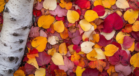 A carpet of red, orange, yellow, and brown leaves blankets the forest floor around birch trees during the peak of autumn. The ground is transformed into a vibrant tapestry of seasonal colors.の素材