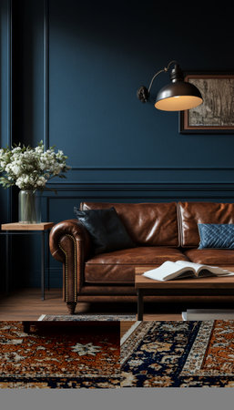A warm and inviting living room features a brown leather sofa and a stylish coffee table. Beautiful flowers and decorative items create a serene atmosphere in the space.の素材