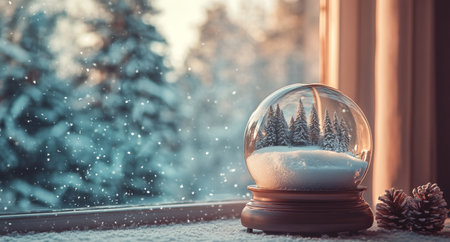 A delicate snow globe rests on a frosty surface, featuring a peaceful winter landscape with trees and falling snowflakes, illuminated by the warm glow of a sunset outside a window.の素材