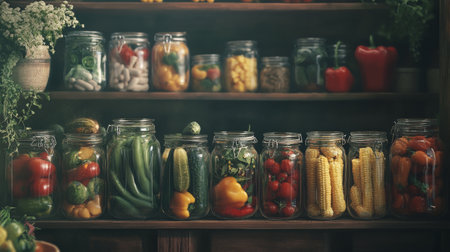 Rows of clear jars filled with vibrant vegetables like tomatoes, peppers, and corn are neatly displayed on a rustic wooden shelf in a warm, inviting kitchen.の素材