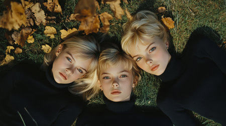 Three girls with blond hair lie on green grass, wearing black turtlenecks. Their serene expressions and the surrounding autumn leaves create a tranquil atmosphere.の素材