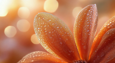 A close-up view captures the delicate texture and veins of an orange flower petal, beautifully lit by soft sunlight in the background during golden hour, creating a warm and inviting atmosphere.の素材