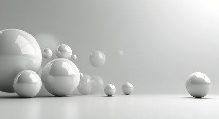 A collection of white spheres in various sizes is artistically arranged on a sleek, smooth surface. The minimalist backdrop highlights their reflective surfaces, creating an atmosphere of calm and sophistication in natural light.の素材