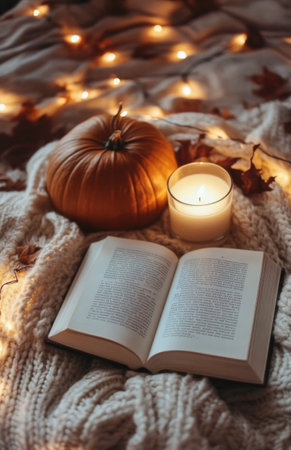 A warm and inviting autumn setting features an open book resting on a cozy blanket, accompanied by a lit candle and a pumpkin, with soft lights twinkling in the background.の素材