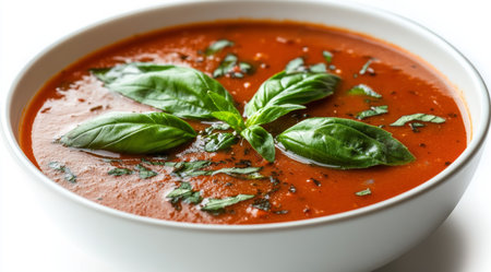 A warm bowl of creamy tomato soup features fresh basil leaves on top, enhancing its vibrant color. The rustic wooden table offers a cozy setting, inviting enjoyment of this comforting and delicious dish during meal time.の素材