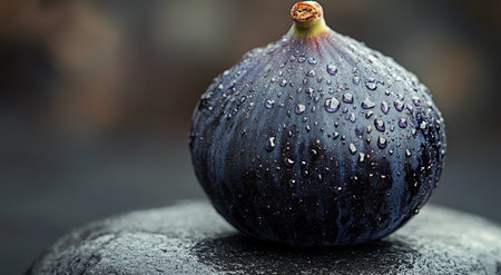 A vibrant fig with a rich purple hue sits on a dark surface, glistening with water droplets as morning light highlights its texture. The background remains softly blurred, creating a focus on this fresh fruit.の素材