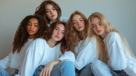 Five young women sit closely together, each wearing a white shirt and denim jeans. They display a serene expression while showcasing their long hair, against a soft, neutral background.の素材