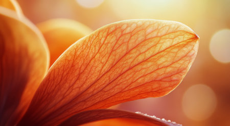 A close-up view captures the delicate texture and veins of an orange flower petal, beautifully lit by soft sunlight in the background during golden hour, creating a warm and inviting atmosphere.の素材
