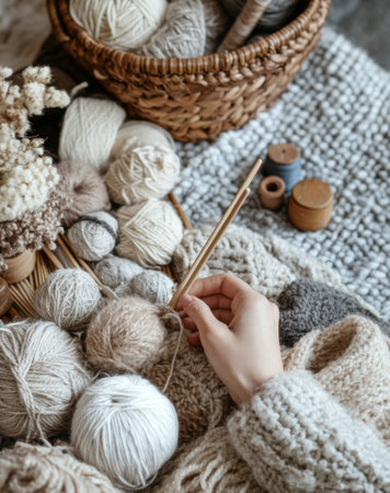 A hand holds a knitting needle surrounded by various natural yarns, threads, and a weaving basket, showing the art of crafting warm textile projects in a comfortable setting.の素材