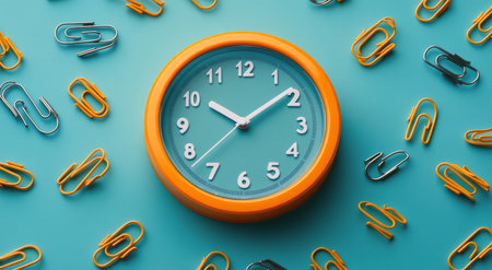 A bright orange clock with a turquoise face sits at the center, surrounded by various yellow paper clips on a vibrant turquoise background. The clock displays an appealing design with clear hour markers.の素材
