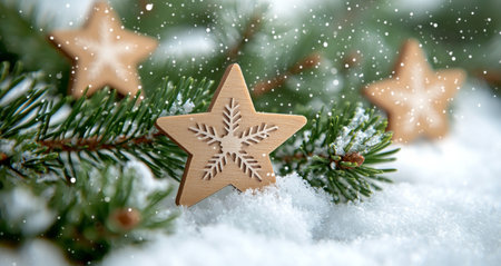 Two wooden star decorations are nestled among vibrant pine branches, creating a cozy winter atmosphere. The surrounding snow glistens softly, enhancing the enchanting holiday spirit of the scene.の素材
