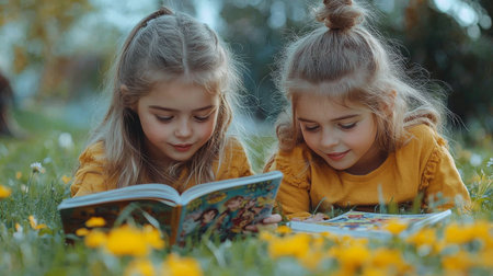 Two young women lie on the grass in a park, enjoying a book together. The sun filters through the trees, creating a warm and relaxed atmosphere as they share moments of laughter and joy.の素材