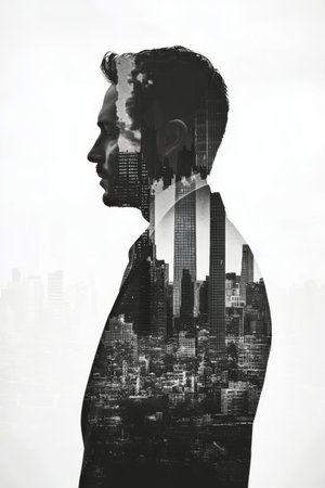 The silhouette of a man in formal attire is juxtaposed with a bustling city skyline. The urban landscape enhances the depth and complexity of its profile during dusk.の素材