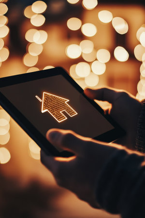 A person dressed in a suit interacts with a smartphone, showcasing bright home icons above the screen, creating a modern urban vibe in a low-light setting.の素材