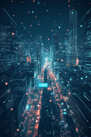 Vibrant city lights glow over bustling streets, with illuminated trails capturing motion and energy, highlighting modern architecture in the lively night scene.の素材