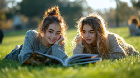 Two young women lie on the grass in a park, enjoying a book together. The sun filters through the trees, creating a warm and relaxed atmosphere as they share moments of laughter and joy.の素材