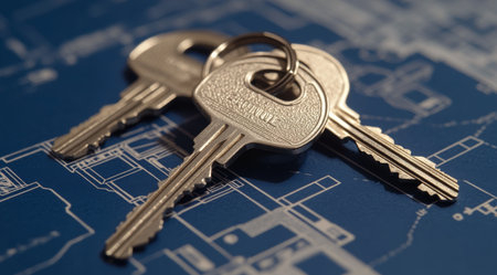 Three metallic keys are placed on a blueprint, reflecting architectural designs and plans. The keys indicate access to essential locations in a construction project.の素材