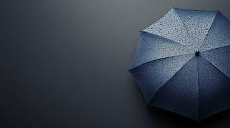 A blue umbrella lies open on a dark background, showing the texture of its fabric and droplets of rain. The subtle shine enhances its vibrant hue while emphasizing the rainy atmosphere.の素材