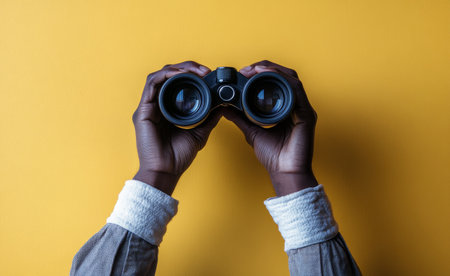 Hands grasp binoculars firmly, positioned against a bright yellow backdrop, emphasizing the anticipation of exploring distant views or observing wildlife.の素材