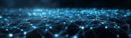 A captivating display of glowing blue waves undulates in a dark space, resembling a digital landscape teeming with light particles. The soft glow highlights the movement and depth.の素材