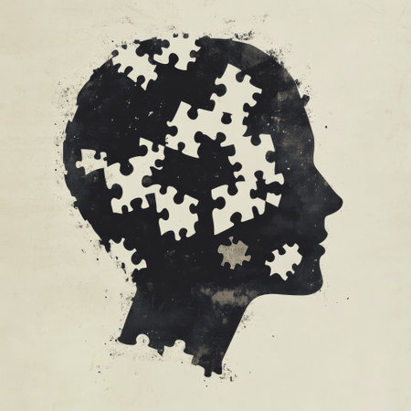 A human head silhouette is filled with various puzzle pieces, symbolizing the complexities of thoughts and emotions. The artwork emphasizes introspection and personal exploration of identity.の素材