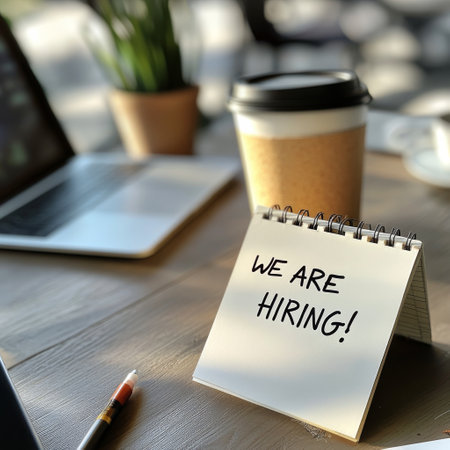 A cozy workspace is highlighted with a spiral notepad displaying a job recruitment message, accompanied by a coffee cup and a laptop, creating an inviting atmosphere for potential applicants.の素材