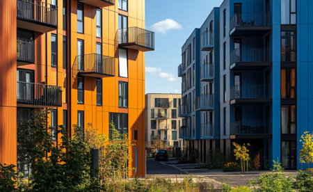 Colorful apartment buildings in vibrant hues flank a green pathway. The sunlight illuminates their facades, showcasing the contemporary design amidst landscaped surroundings on a clear day.の素材