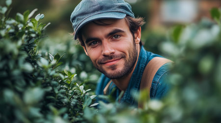 A young man smiles while working among lush green plants in a garden, showing his connection with nature and dedication to gardening activities.の素材