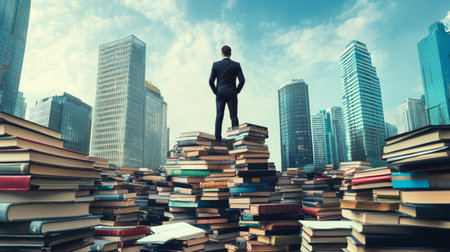 A man standing on a towering pile of books gazes over a sprawling city skyline during sunset, blending literary ambition with urban exploration and reflection.の素材
