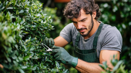A young man smiles while working among lush green plants in a garden, showing his connection with nature and dedication to gardening activities.の素材
