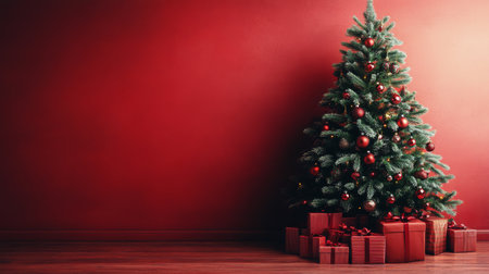 A beautifully adorned Christmas tree stands tall, surrounded by colorful wrapped gifts. The rich red background enhances the festive atmosphere, bringing holiday cheer into the space.の素材