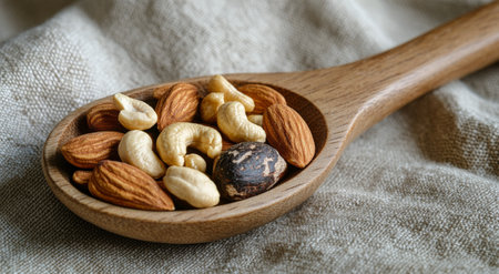 A wooden spoon showcases an assortment of nuts including almonds, cashews, and a pecan. The nuts rest on a soft, textured fabric, emphasizing their natural colors and shapes, perfect for healthy snacking or cooking.の素材