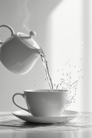 A delicate teapot pours steaming water into a white cup, creating splashes as the liquid meets the surface. Soft light from a nearby window casts gentle shadows in the background, enhancing the peaceful ambiance of the moment.の素材